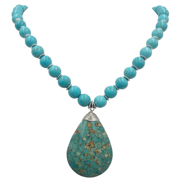 Turquoise Blue Stone Beaded Teardrop Necklace - Picture 1 of 3
